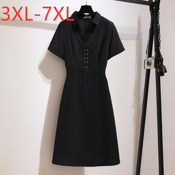 new 2020 summer plus size dress for women large loose short sleeve black french girl vintage v neck bow dress 4xl 5xl 6xl 7xl, Black;gray